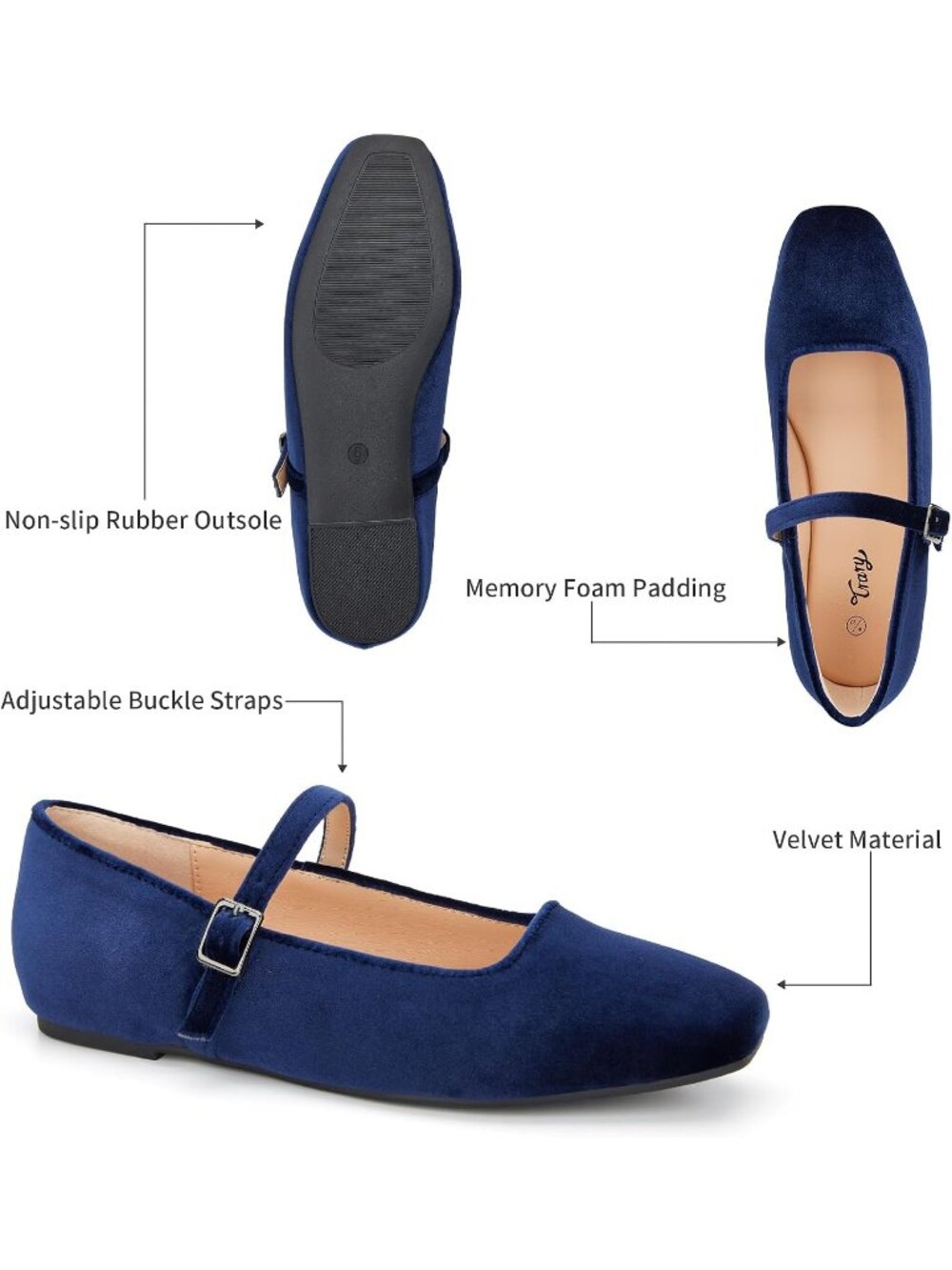 Women's Velvet Blue Comfortable Ankle Strap Square Toe Mary Jane Ballet Flat - Picture 5 of 6